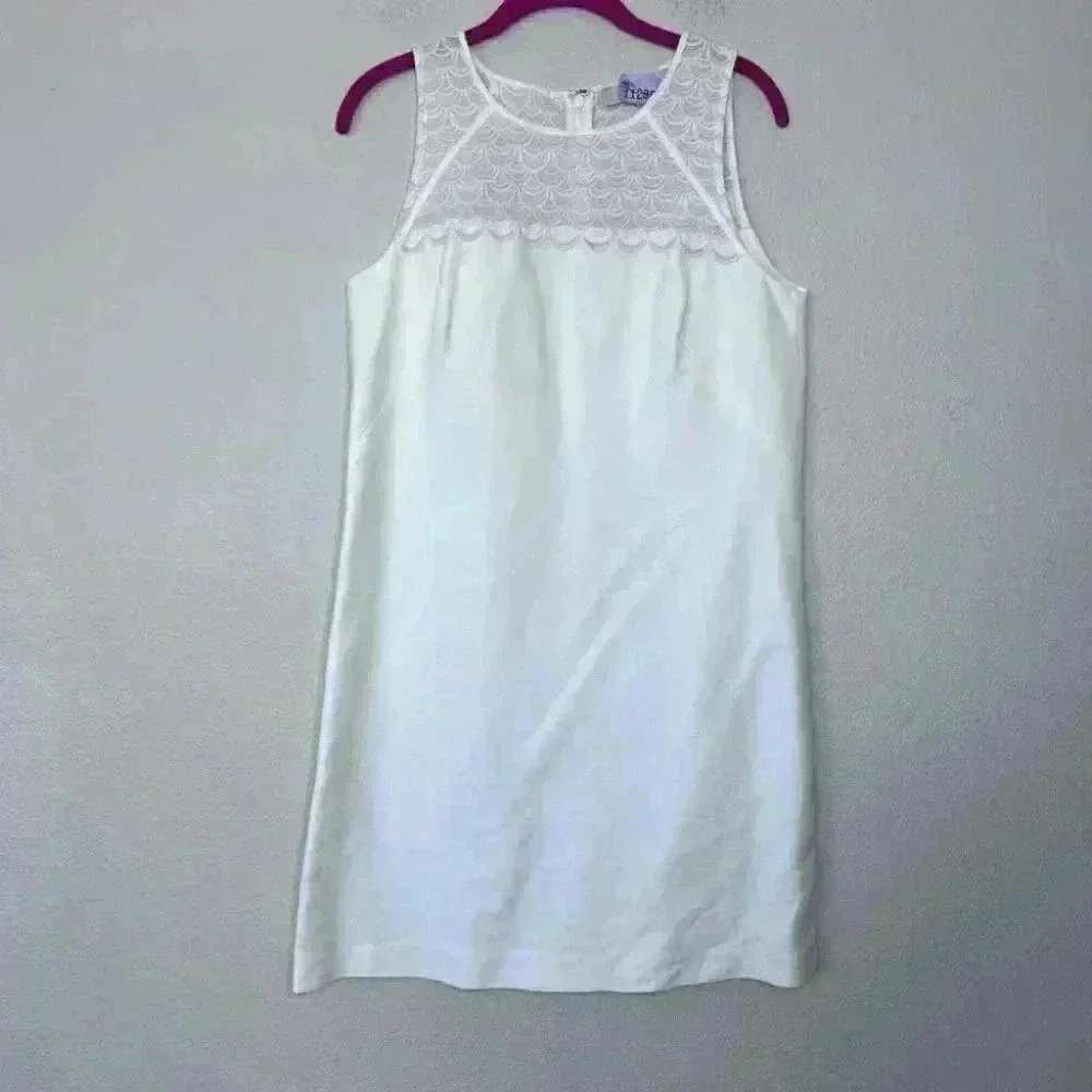 Loft Size 8 White Sleeveless Dress With Sheer Scallop Embroidered Top Light Pink